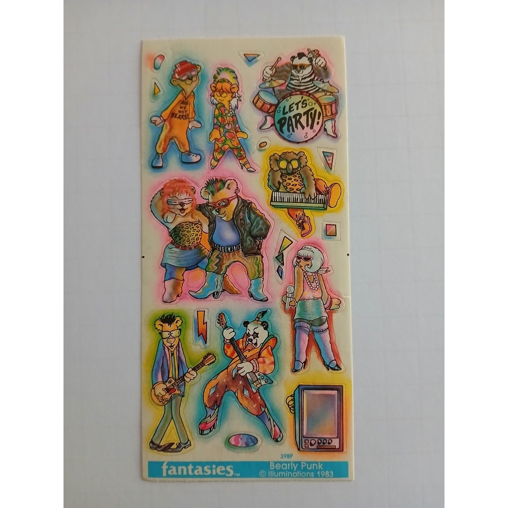 ILLUMINATIONS Fantasies Vintage 1980s "BEARLY PUNK" Sticker Sheet — RARE &Unused